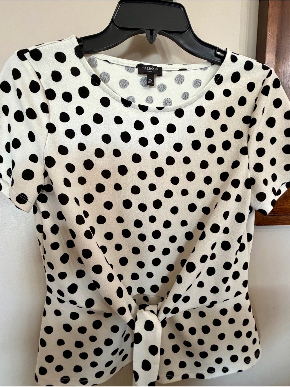 Talbots Cream and Black Polka Dot Tie-Front Blouse